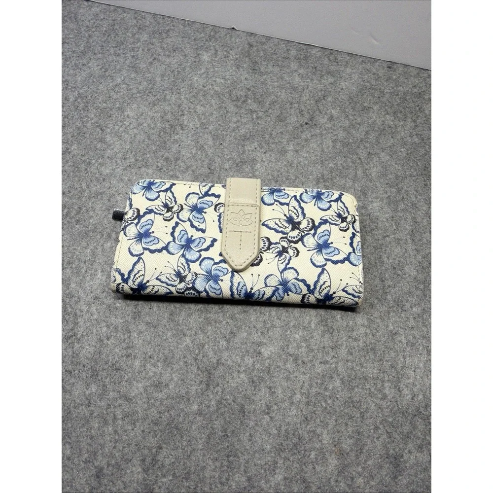 Women's Blue/White Butterfly Print Folding Wallet Wrist Strap Snap Zip Pocket